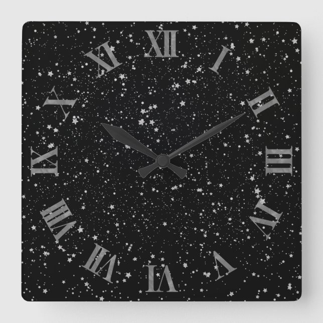 Glitter Stars2 - Silver Black Square Wall Clock (Front)