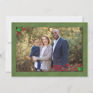Glitter Stars and Green Framed Christmas Photo Holiday Card