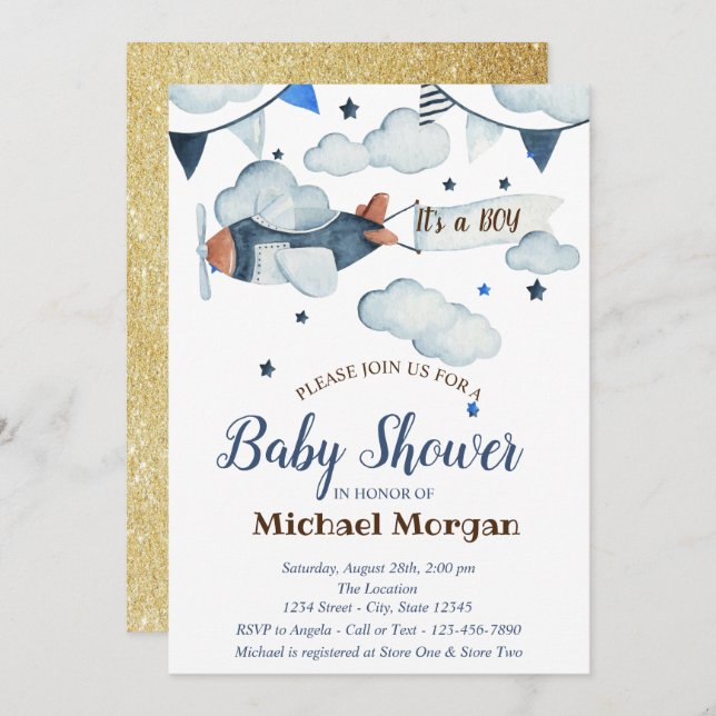 Glitter,Stars,Clouds,Aeroplane Baby Shower Invitation (Front/Back)