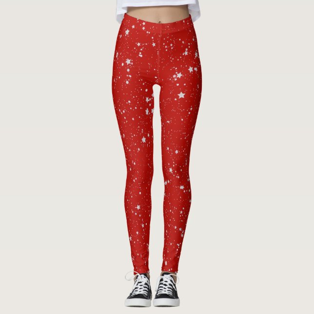 Glitter Stars - Silver Red Leggings (Front)