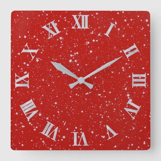Glitter Stars - Silver Red Square Wall Clock (Front)