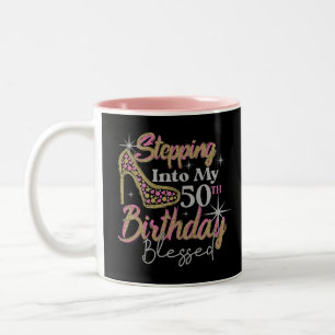 Glitter Stepping Into My 50th Birthday Blessed Two-Tone Coffee Mug