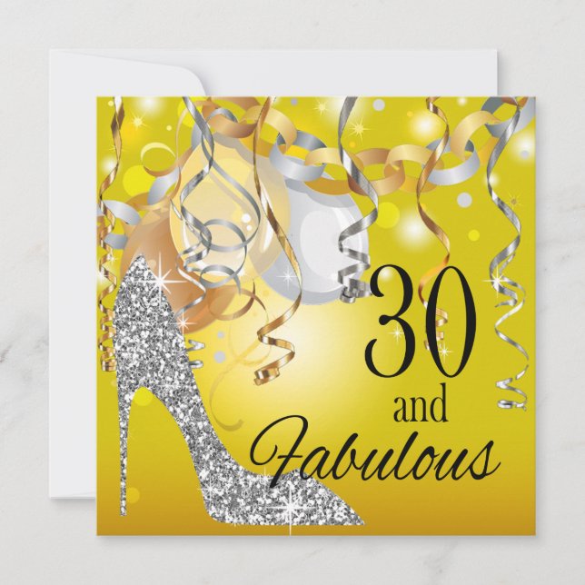 Glitter Stiletto 30th Birthday | yellow silver Invitation (Front)