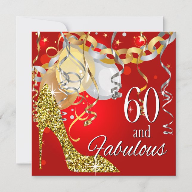 Glitter Stiletto 60th Birthday | red gold Invitation (Front)