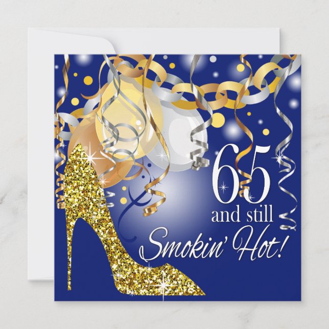Glitter Stiletto 65th Birthday | royal blue gold Invitation (Front)