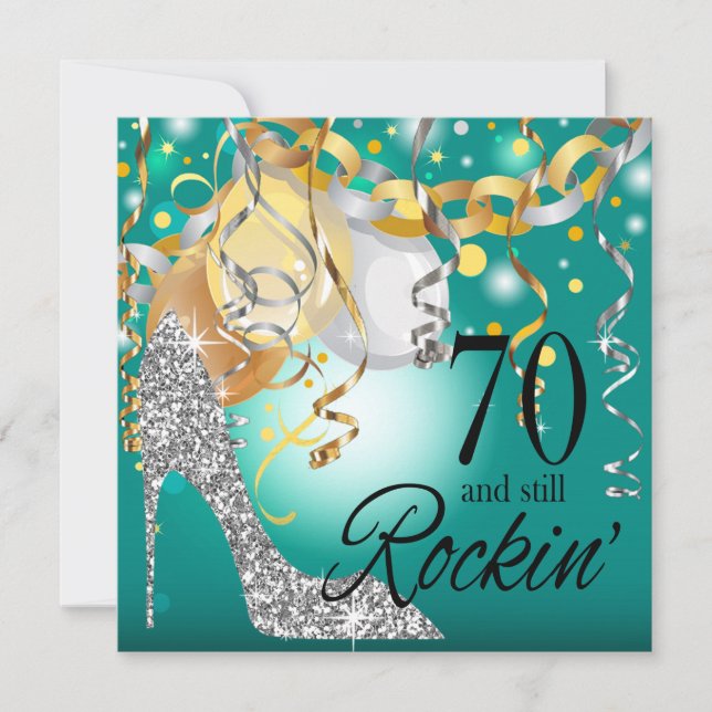 Glitter Stiletto 70th Birthday | teal silver Invitation (Front)