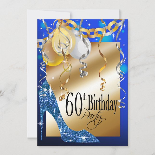 Glitter Stiletto Balloons 60th Birthday blue Invitation (Front)