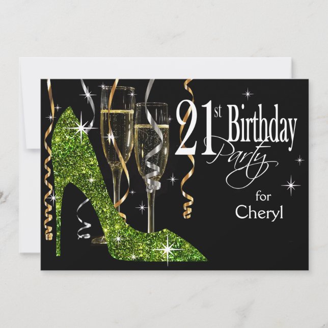 Glitter Stiletto Champagne 21st Birthday lime Invitation (Front)
