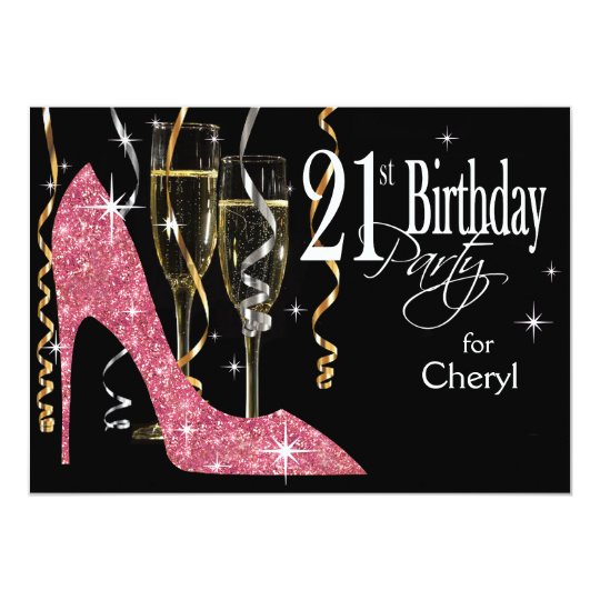 Glitter Stiletto Champagne 21st Birthday Pink Card