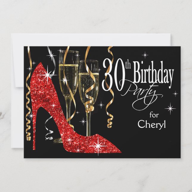 Glitter Stiletto Champagne 30th Birthday Red Invitation (Front)