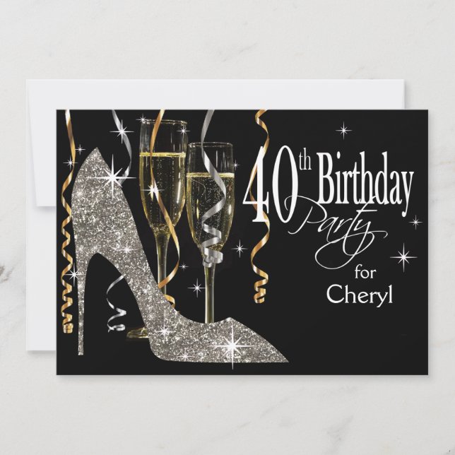 Glitter Stiletto Champagne 40th Birthday silver Invitation (Front)