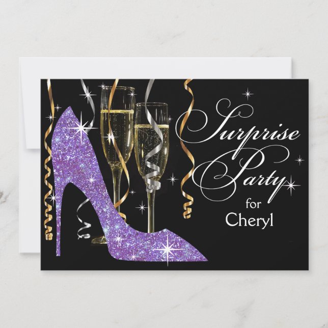 Glitter Stiletto Champagne Surprise Birthday lilac Invitation (Front)