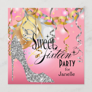 Glitter Stiletto Sweet 16 Party | pink silver Invitation