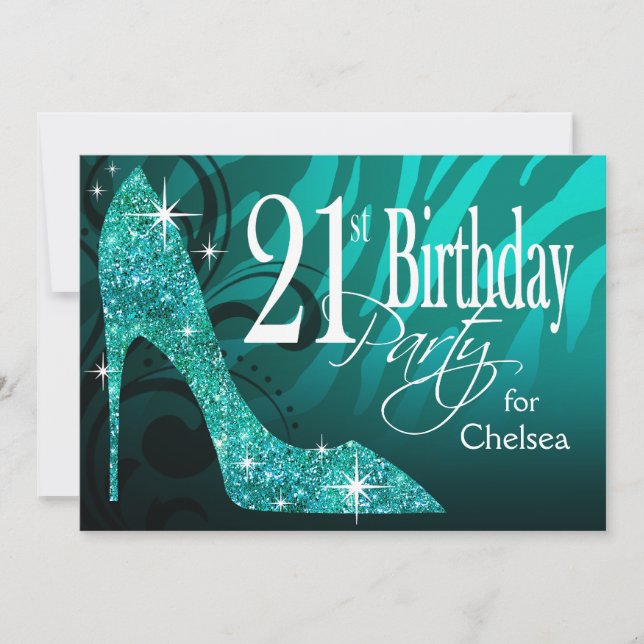 Glitter Stiletto Zebra 21st Birthday teal Invitation (Front)