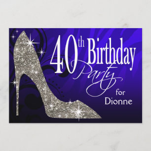 Glitter Stiletto Zebra 40th Birthday blue silver Invitation