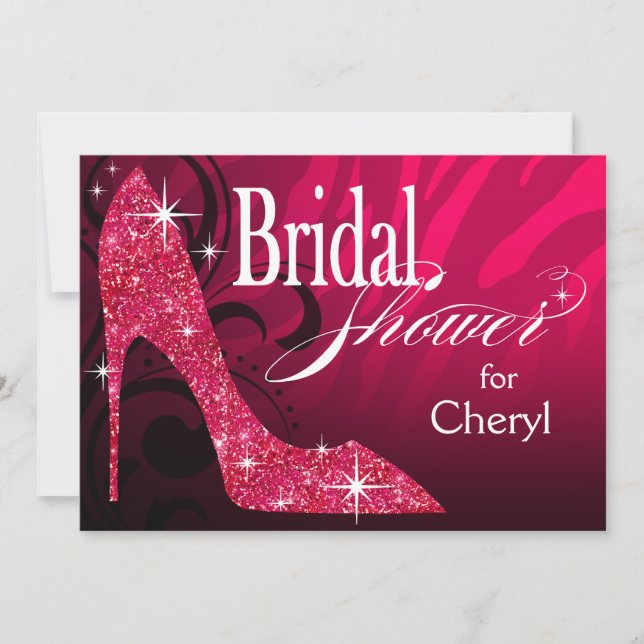 Glitter Stiletto Zebra Bridal Shower fuschia Invitation (Front)