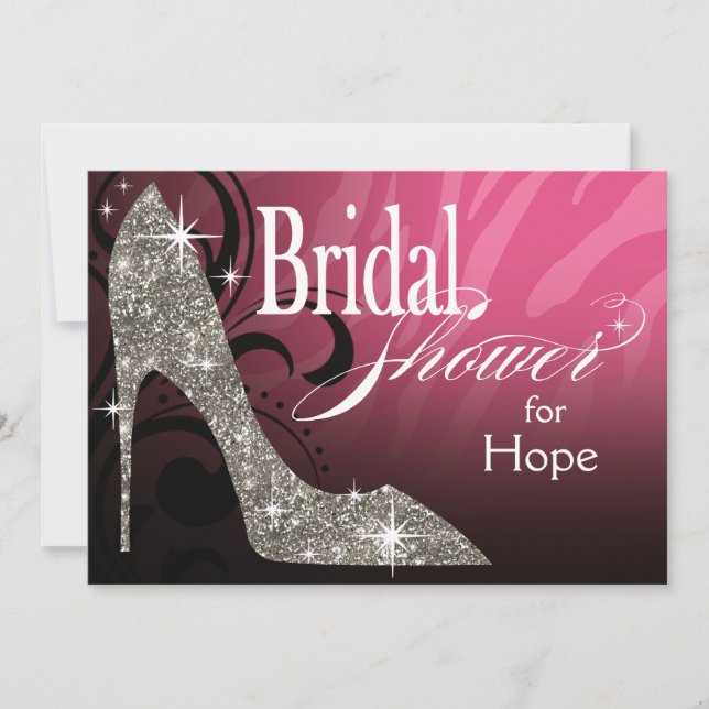 Glitter Stiletto Zebra Bridal Shower pink silver Invitation (Front)