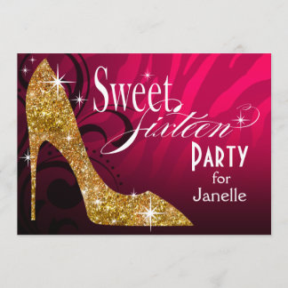 Glitter Stiletto Zebra Sweet 16 Party fuschia gold Invitation