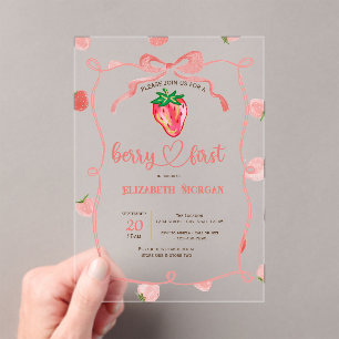 Glitter Strawberry Frame Pink Plaid Baby Shower  Acrylic Invitations