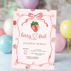 Glitter Strawberry Frame Pink Plaid Baby Shower Invitation