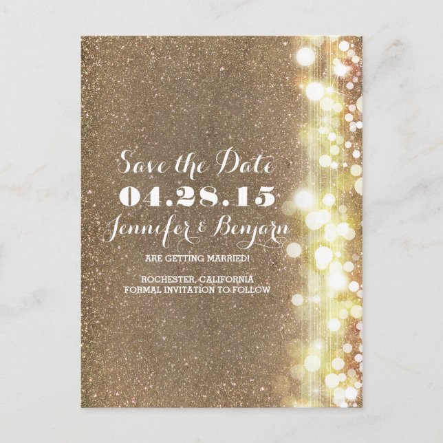 glitter string lights elegant chic save the date announcement postcard (Front)