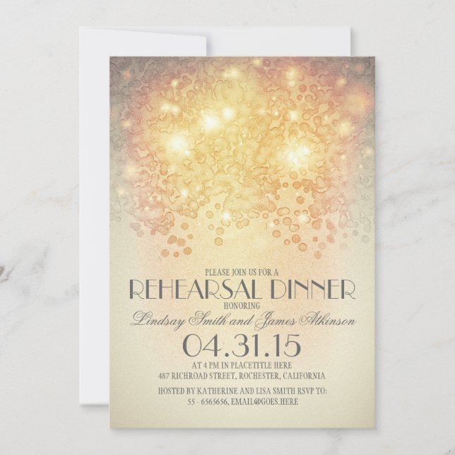 glitter string lights vintage rehearsal dinner invitation (Front)