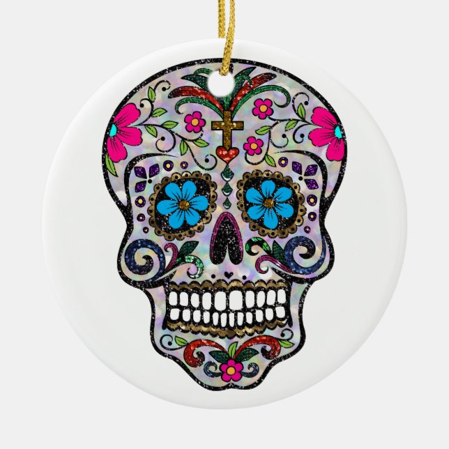 glitter Sugar Skull Ceramic Tree Decoration (Front)