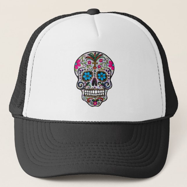 glitter Sugar Skull Trucker Hat (Front)