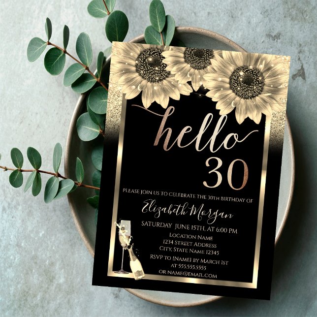 Glitter,Sunflowers,Glass Black 30th Birthday Party Invitation (Creator Uploaded)