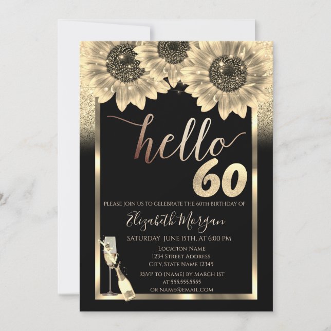 Glitter,Sunflowers,Glass Black 60th Birthday Party Invitation (Front)