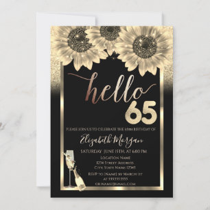 Glitter,Sunflowers,Glass Black 65th Birthday Party Invitation