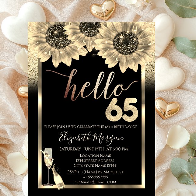 Glitter,Sunflowers,Glass Black 65th Birthday Party Invitation (Creator Uploaded)