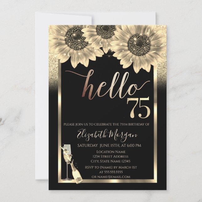 Glitter,Sunflowers,Glass Black 75th Birthday Party Invitation (Front)