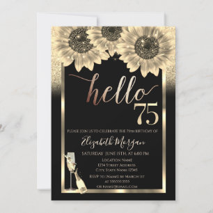 Glitter,Sunflowers,Glass Black 75th Birthday Party Invitation