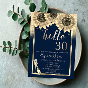 Glitter,Sunflowers,Glass Hello 30th Birthday Party Invitation