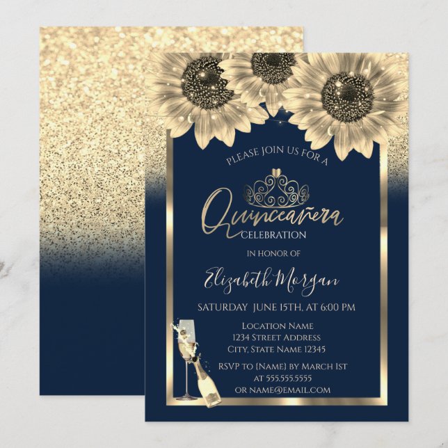 Glitter,Sunflowers,Glass Tiara Blue Quinceanera Invitation (Front/Back)