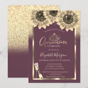 Glitter,Sunflowers,Tiara Burgundy Quinceanera  Invitation