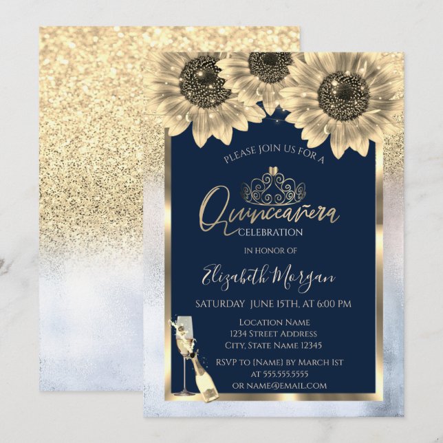Glitter,Sunflowers, Tiara Mettalic  Quinceanera Invitation (Front/Back)