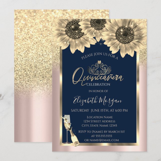 Glitter,Sunflowers, Tiara Rose Gold Quinceanera Invitation (Front/Back)