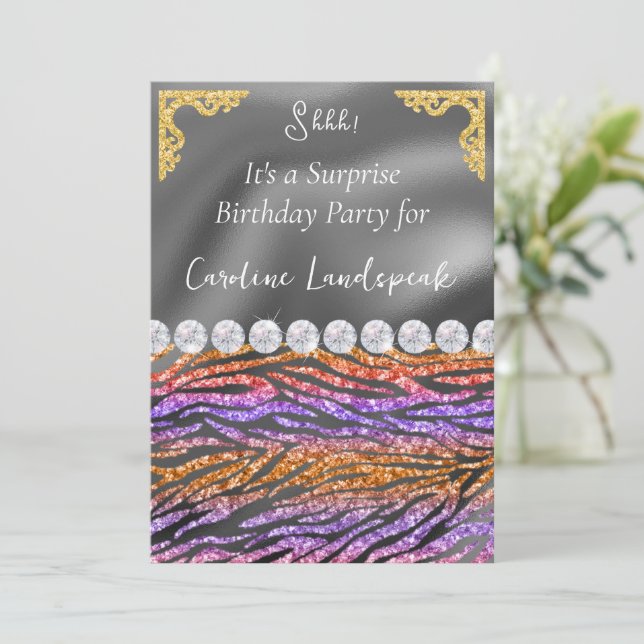 Glitter Surprise Birthday Purple Orange Zebra Invitation (Standing Front)