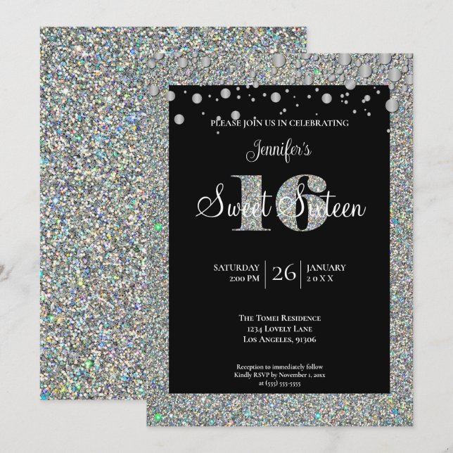 Glitter Sweet 16 Birthday Invitation (Front/Back)