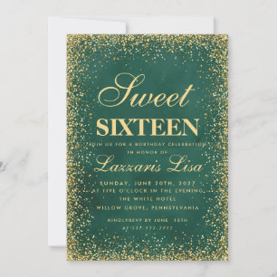 Glitter Sweet 16 Green Watercolor Birthday Invitation