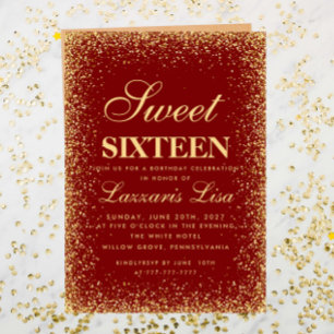Glitter Sweet 16 Red Watercolor Party Birthday Invitation