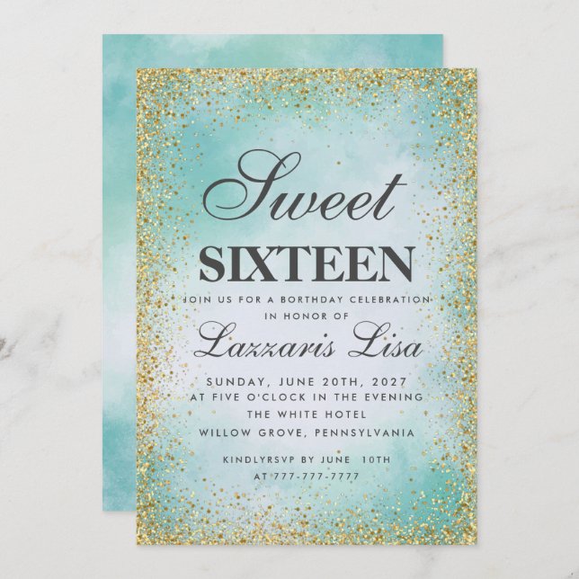Glitter Sweet 16 Turquoise watercolor Birthday Invitation (Front/Back)