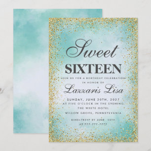 Glitter Sweet 16 Turquoise watercolor Birthday Invitation