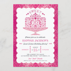 Glitter Sweet Sixteen Lacy Birthday Cake Party Invitation