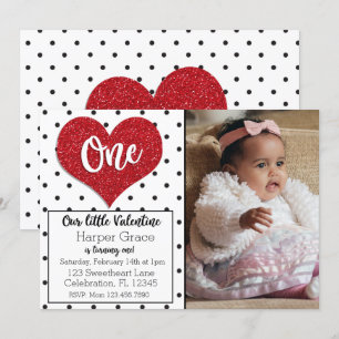 Glitter Sweetheart Valentines Photo First Birthday Invitation