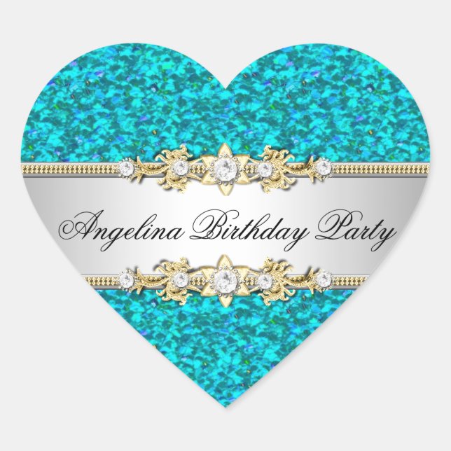 Glitter Teal Birthday Party Gold Jewel Diamond Heart Sticker (Front)