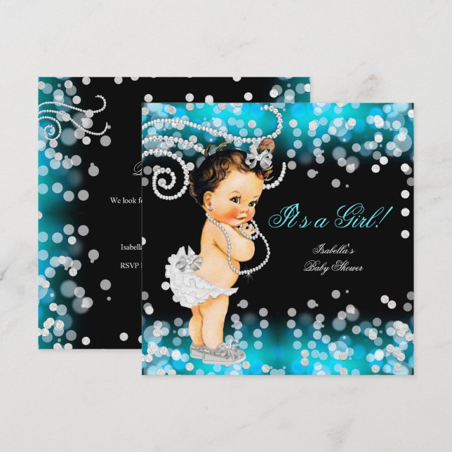 Glitter Teal Blue Black Girl Baby Shower Brunette Invitation (Front/Back)