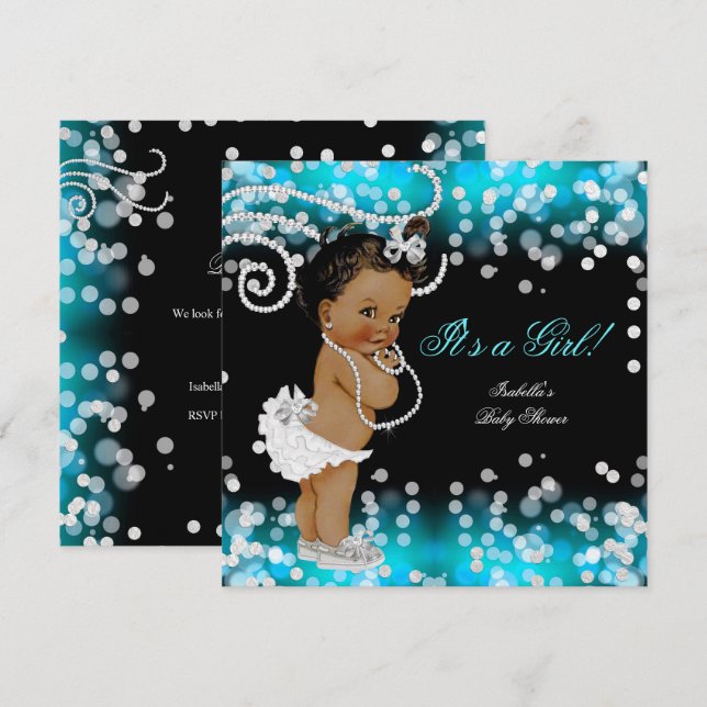 Glitter Teal Blue Black Girl Baby Shower Ethnic Invitation (Front/Back)